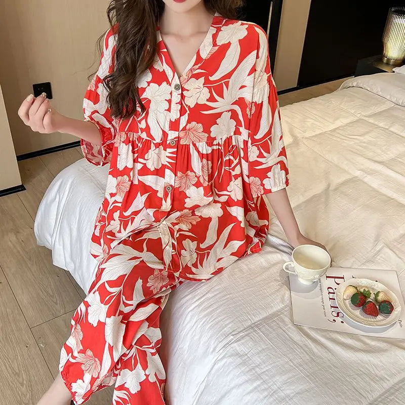 Cotton Sleepwear Big Size Cardigan Seven-minute Pants Two-piece Print Loungewear Pajama Sets Summer Nightwear Korean Fashion