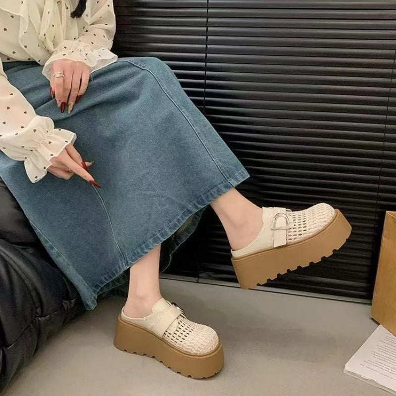2026 Women's Chunky Platform Mules, Round Toe Hollow Slip-on Sandals, Retro Lug Sole Comfortable Height Boosting Shoes