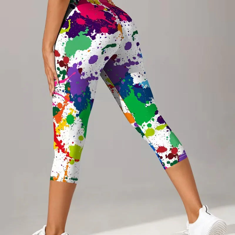 Women's Capri Pants Leggings, Watercolor Print Tights - View 3 | SAMAG