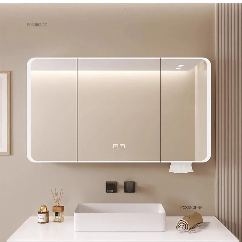 Minimalist Modern Arc-shaped Smart Bathroom Mirror Cabinets Home Furniture Wall-mounted Bathroom Mirror Cabinet with Lighting b