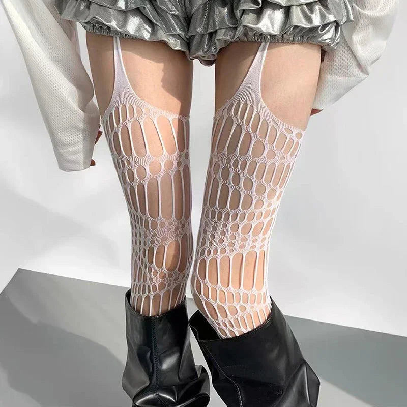 Women Sexy Lace Fishnet Stockings Hollow Out Solid Pantyhose Irregular Exposed Skin Tights Slim Suspender Pantyhose