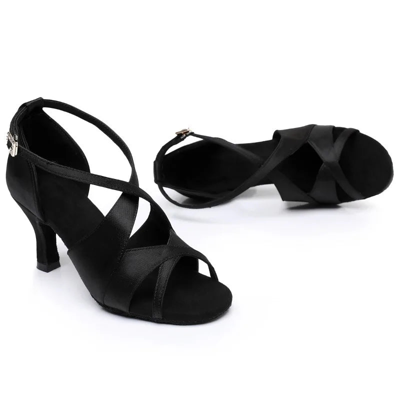 Latin Suede Dance Shoes for Womens New Rhinestone Buckle Soft Sole Ballroom Jazz Salsa Pumps Stage Professional Indoor Stiletto
