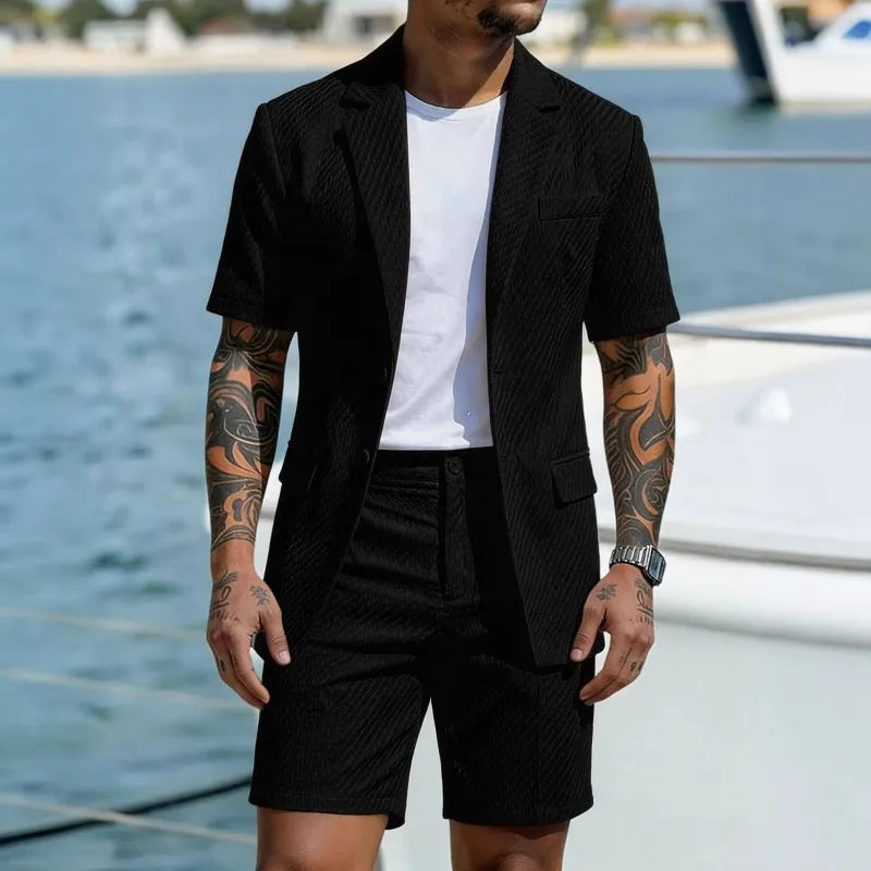 KIDWHXR Men Suit Set Summer British Style Solid Color Short Sleeve Male Outfit Slim Breathable Business Wedding Man 2-piece Suit