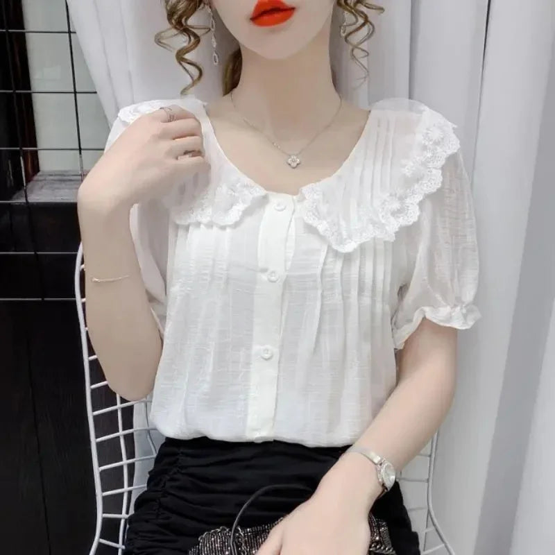 Vintage Lace Patchwork White Shirts Summer Women Korean - View 4 | SAMAG