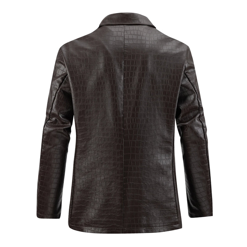 Men's Faux Leather Crocodile Pattern Jacket Single Row Large Lapel Suit Style Chest Pocket PU Leather Coat