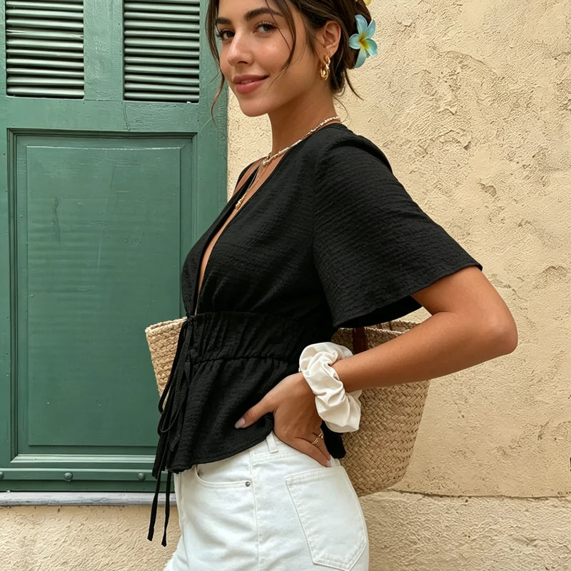 Women V Neck Flare Short Sleeve Shirt Lightweight - View 3 | SAMAG