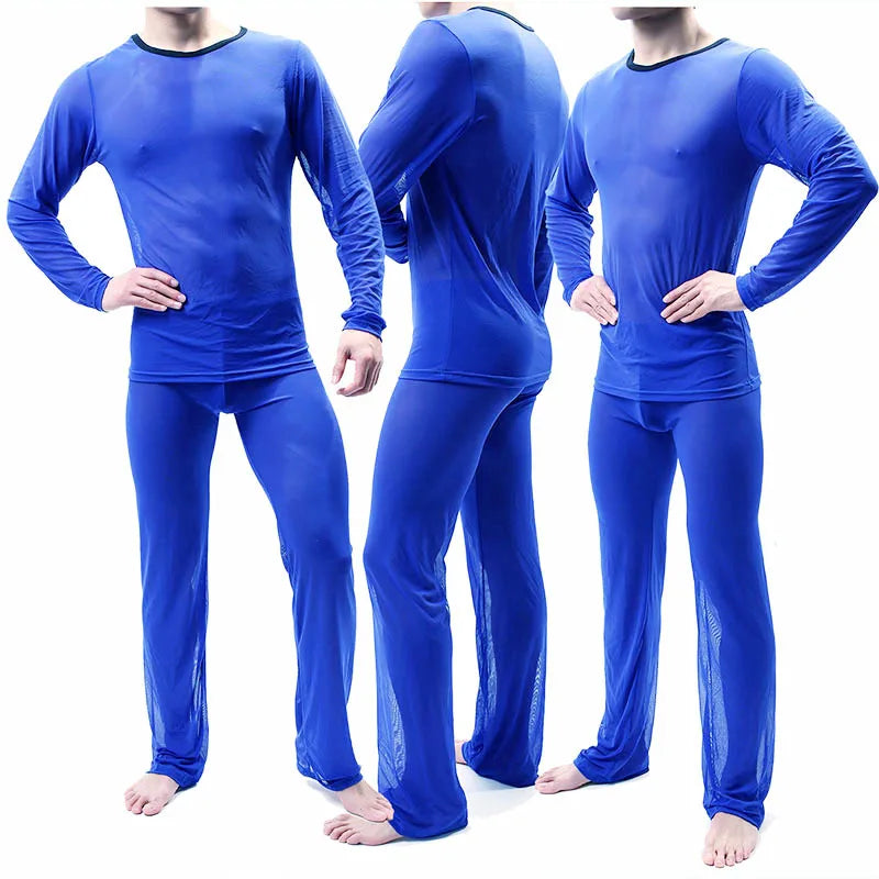 Sexy Transparent Thin Men's Pajamas Night Wear Suit Long Sleeve Shirt Pants Set