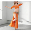 Women Girls Belly Dance Costume Set 2 Piece Half Sleeve Top Long Tassel Skirt Professional Bellydance Training Performance Wear
