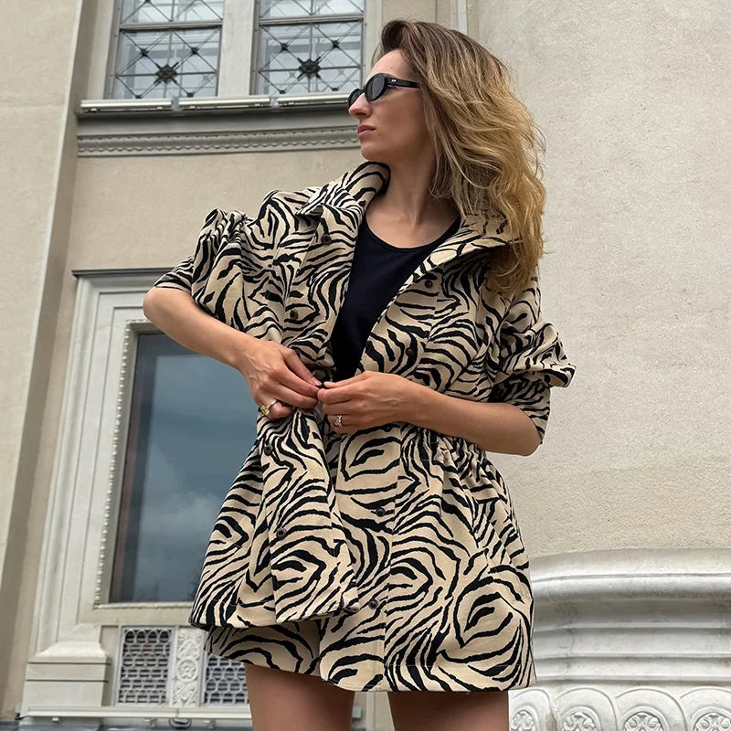 Women Zebra Print Two Piece Set Lapel Collar Elastic Waist Short Sleeve Coat Loose Shorts 2026 Spring Autumn Fashion Casual Suit