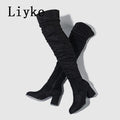 Liyke 2026 New Fashion Round Toe Zip Thigh High Boots Women Autumn Winter Chunky Heels Motorcycle Over The Knee Shoe Botas Mujer