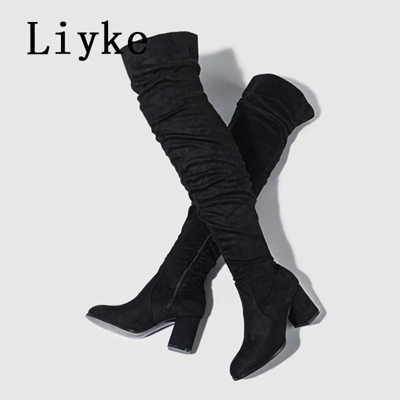 Liyke 2026 New Fashion Round Toe Zip Thigh High Boots Women Autumn Winter Chunky Heels Motorcycle Over The Knee Shoe Botas Mujer