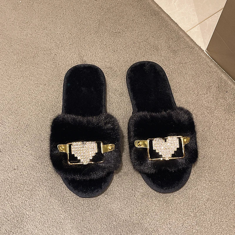 Love Chain Fluffy Women's Slippers Home Fashion Luxury Designer Shoes Woman Autumn Winter Faux Fuzzy Fur Slides Indoor Elegant