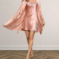 100% Mulberry Silk 2PC Robe Suit Home Wear Sleep Set Summer Sleepdress Lace Trimed Pure Silk Pj Robe Set with Chemise Nightgown