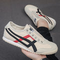 Men's Striped Canvas Sneakers Low Top Casual Walking Trainers with Extra Laces Flat Trainer Shoes Dual Wear Lace Up or Slip On