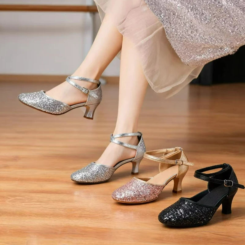 Glitter Women Latin Dance Shoes Closed Toe Ankle Strap Cha Cha Tango Mid Heel Soft Suede Sole Practice Performance Indoor Pumps