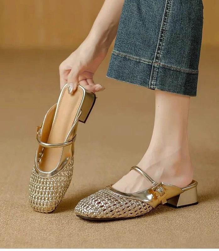 Women’s Mesh Cutout Closed Toe Mule Sandals | Summer 2026 Mid Heel Breathable Slip On Woven Strap Slides