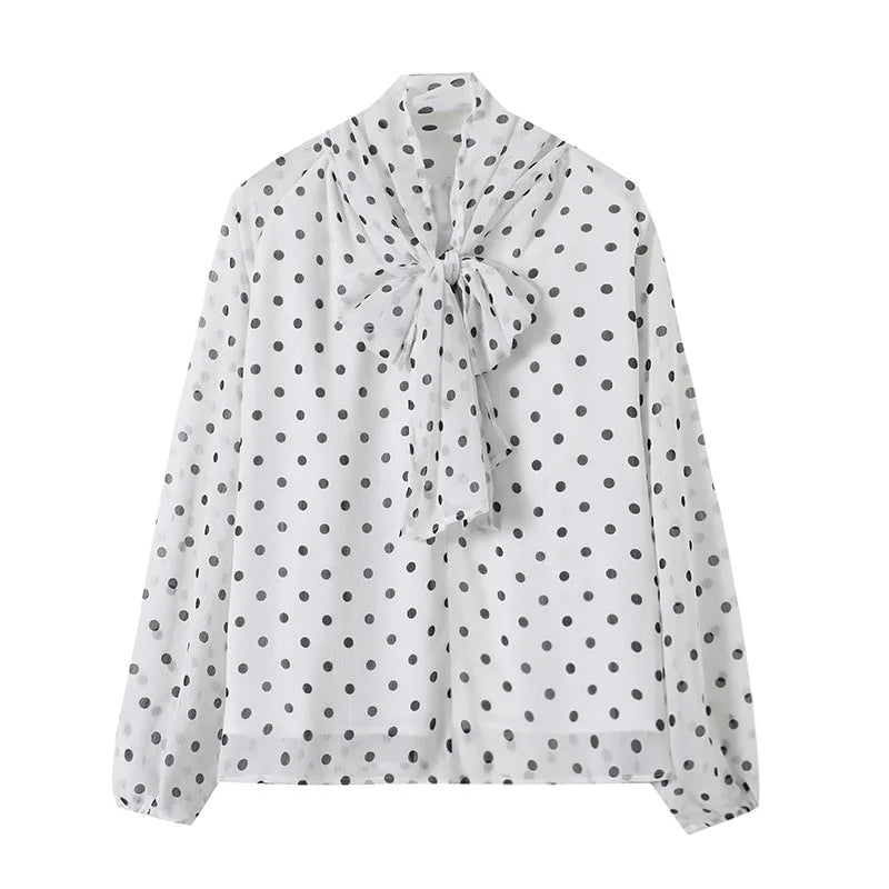 Women Polka Dot Print Blouse Casual High Collar Long - View 10 | SAMAG