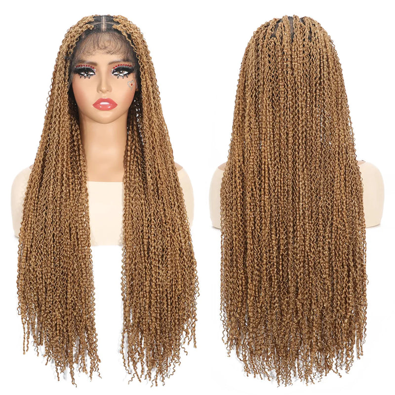13x4 Lace Frontal Synthetic Braided Wig for Black Women Small Deep Wave Long Brown Wigs Crochet Braiding Wig with Baby Hair