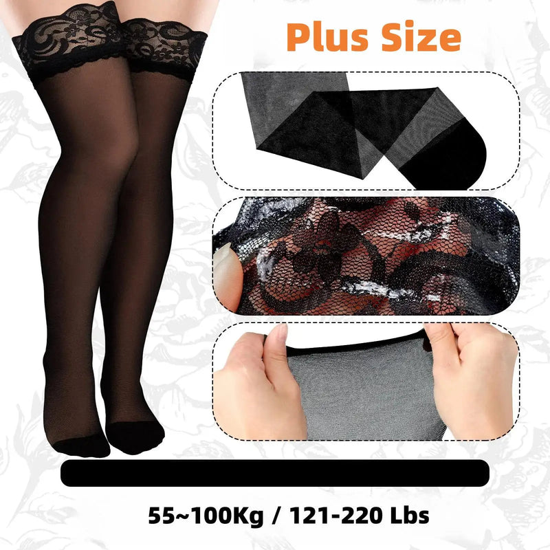 Plus Large Size Oversized Women Black Lace Stockings Thigh High Sexy Ultra-thin for Ladies Over Knee Long Socks Anti-slip XXXXL