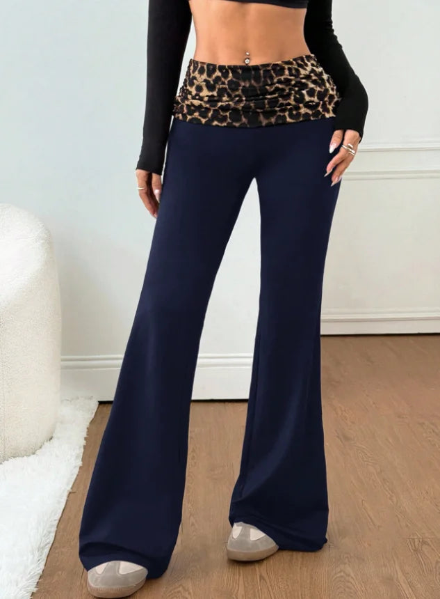 2026 Summer Women's Cross-border Sexy Leopard Print Patchwork High Waist Elastic Slim Fit Butt Lifting Slimming Flare Pants