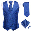 Hi-Tie Navy Blue Mens Vest Formal Paisley Waistcoat Jacket Tie Handkerchief Cufflinks Set For Male Dress Suit Wedding Party