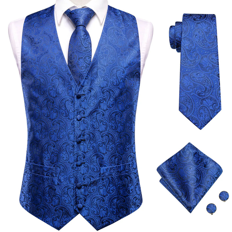 Hi-Tie Navy Blue Mens Vest Formal Paisley Waistcoat Jacket Tie Handkerchief Cufflinks Set For Male Dress Suit Wedding Party