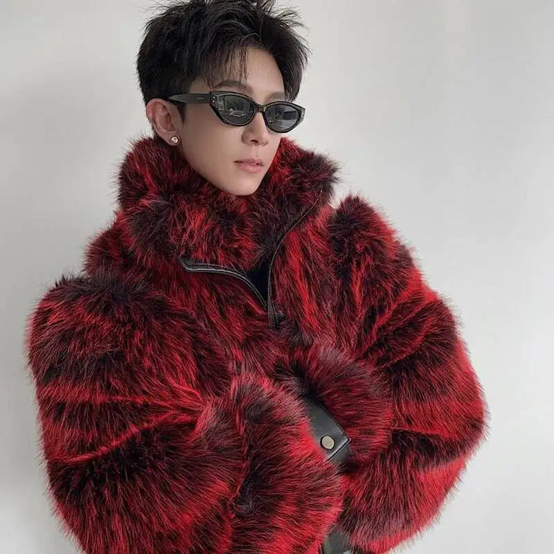 2025 Red Faux Patchwork PU Leather Men Women Fashion Elegant Thick Warm Winter Fur Coat Furry Short Jacket