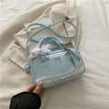 Zipper PU Leather Boston Handbag Lace Ribbon Bow Crossbody Bowling Bag Korean Style Waterproof Small Square Bag Travel