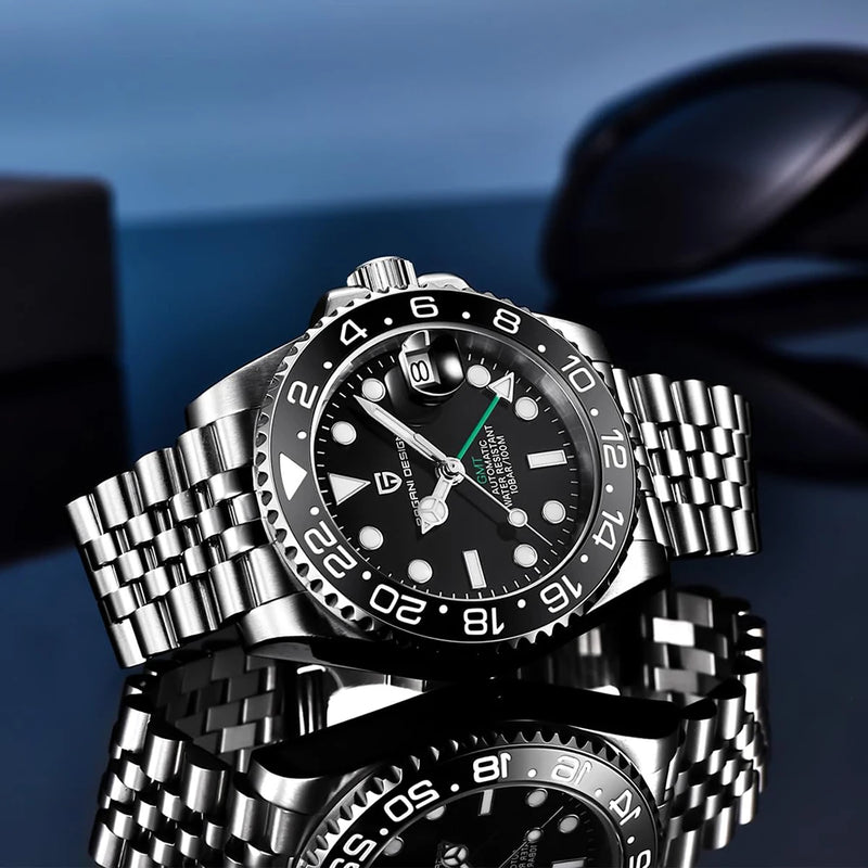 Top PAGANI DESIGN PD1662 Men GMT Automatic Mechanical Watch Black Ceramic Bezel Sapphire Glass 100M Waterproof Jubilee Stainless Steel Bracelet Sports Diver Wristwatch Reloj Hombre+gift box