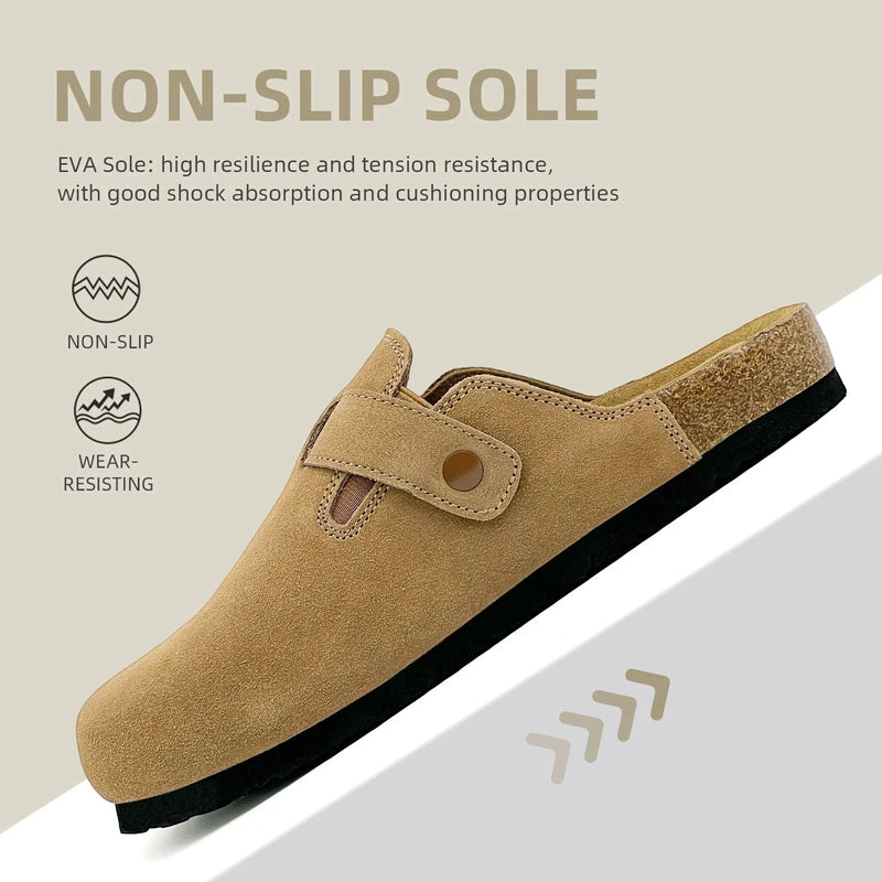 Retro Suede Leather Mule Clogs Arch Support Cork Latex Footbed Adjustable Buckle Non-Slip Indoor Outdoor Walking for Women & Men