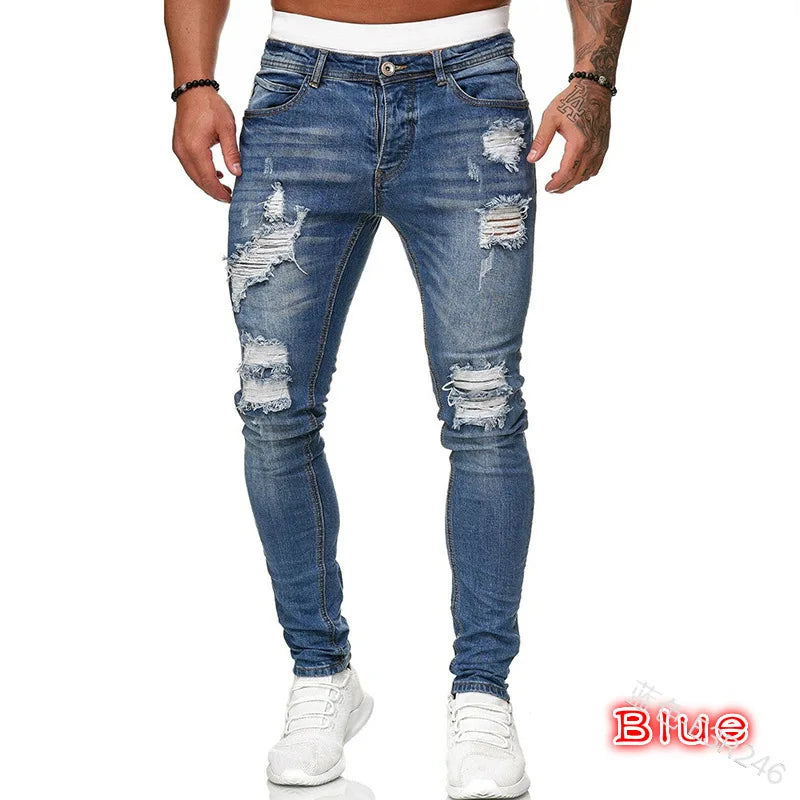 Men Jeans Solid Pockets Stretch Denim Straight Pants | SAMAG