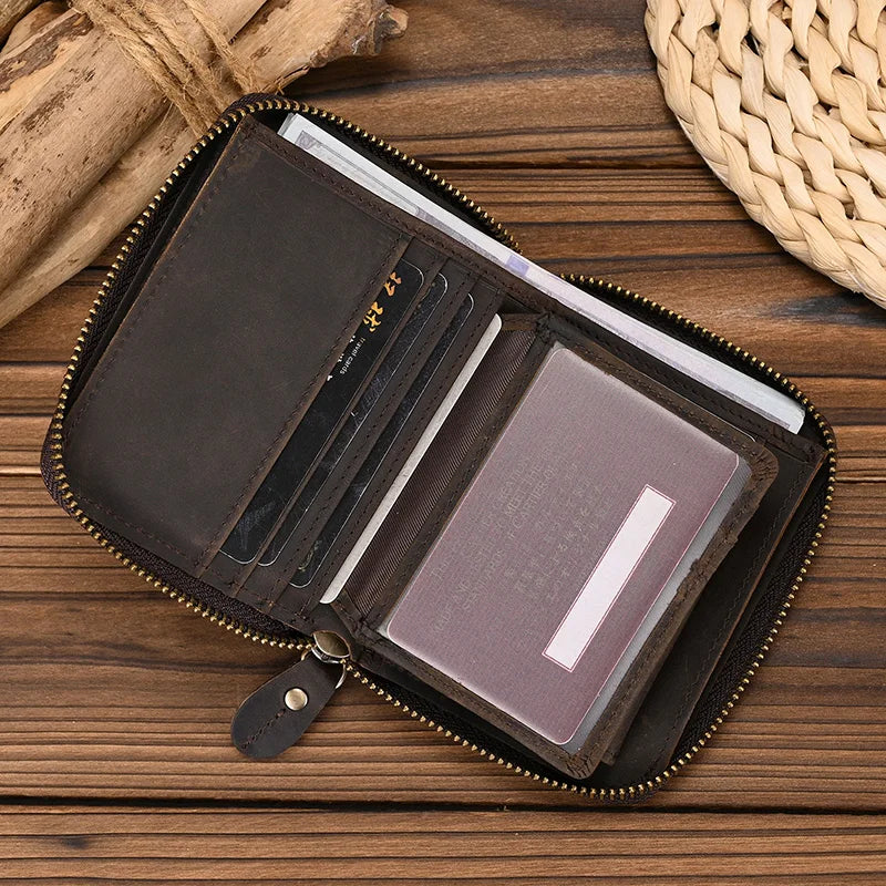 Men Crazy horse Genuine Leather Coin Wallet Real Leather Snap Short Purse Women Coin Pocket Zip Around Small Trifold Pocket