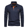 AIOPESON Men's Deer Embroidery Polo Shirts Solid Color Long Sleeve Social Business Male | SAMAG