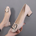 2026 New Women's Square Toe Chunky High Heels - Rhinestone Metal Buckle Commuter Pumps, Elegant Mid Heel Office Pumps