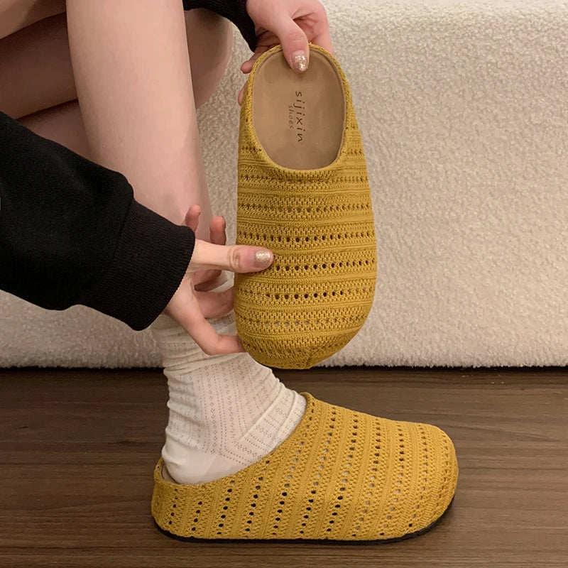 Summer Fashion Knitted Hollow Out Women Closed Toe Slip On Platform Clogs Mules Slides Breathable Casual Outdoor Shoes for Women