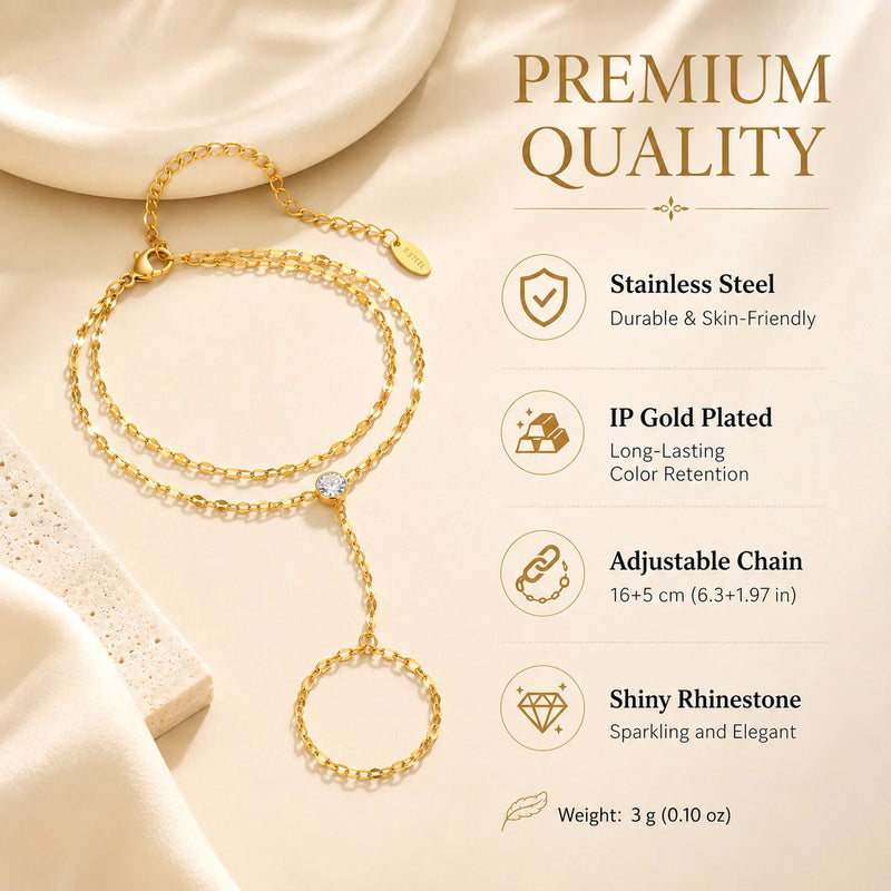 Stainless Steel Hand Chain Ring Bracelet for Women, Adjustable Gold Plated Double Layer Finger Summer - Visuel 5 | SAMAG