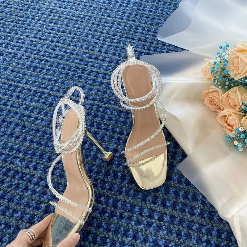 Sandals for Woman Rhinestones Summer 2025 Sexy Open Toe Footwear Thin Heels Women's Shoes Diamond Party Weddings Stiletto Sandal