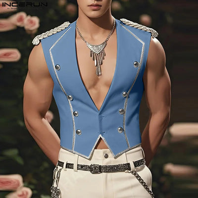 INCERUN Men Vests Patchwork Shiny V Neck Sleeveless | SAMAG