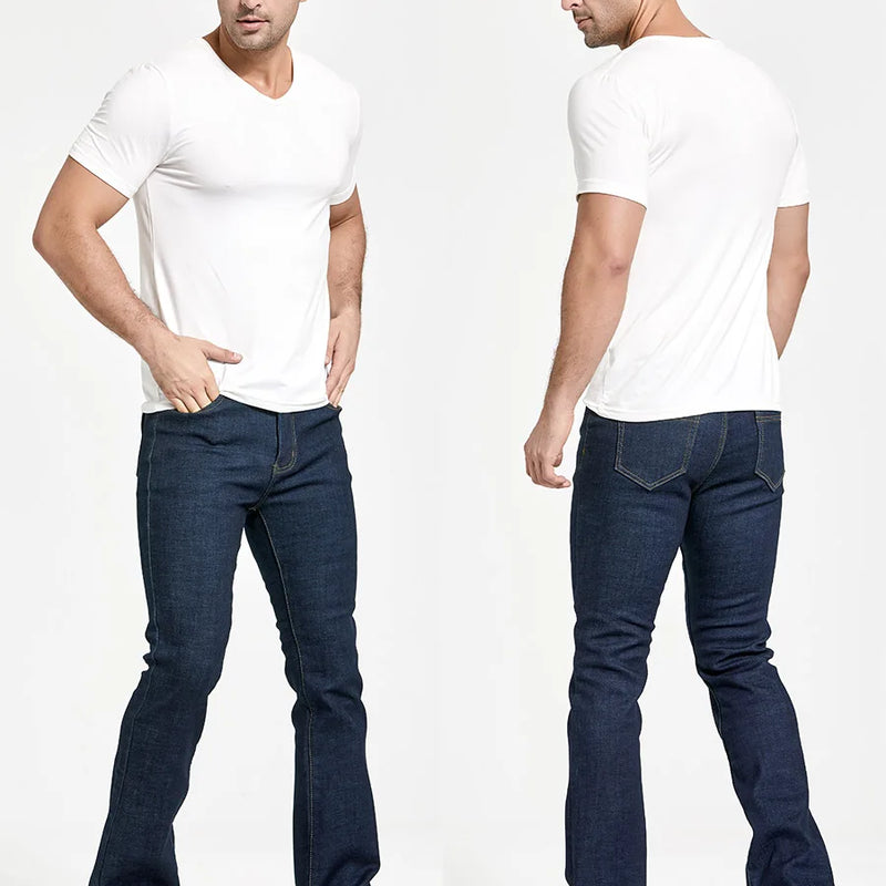 Mens Winter Stretch Denim Jeans Thicken Warm Pants Slim Slightly Flare Trousers Boot Cut Fit Polar Fleece Jeans