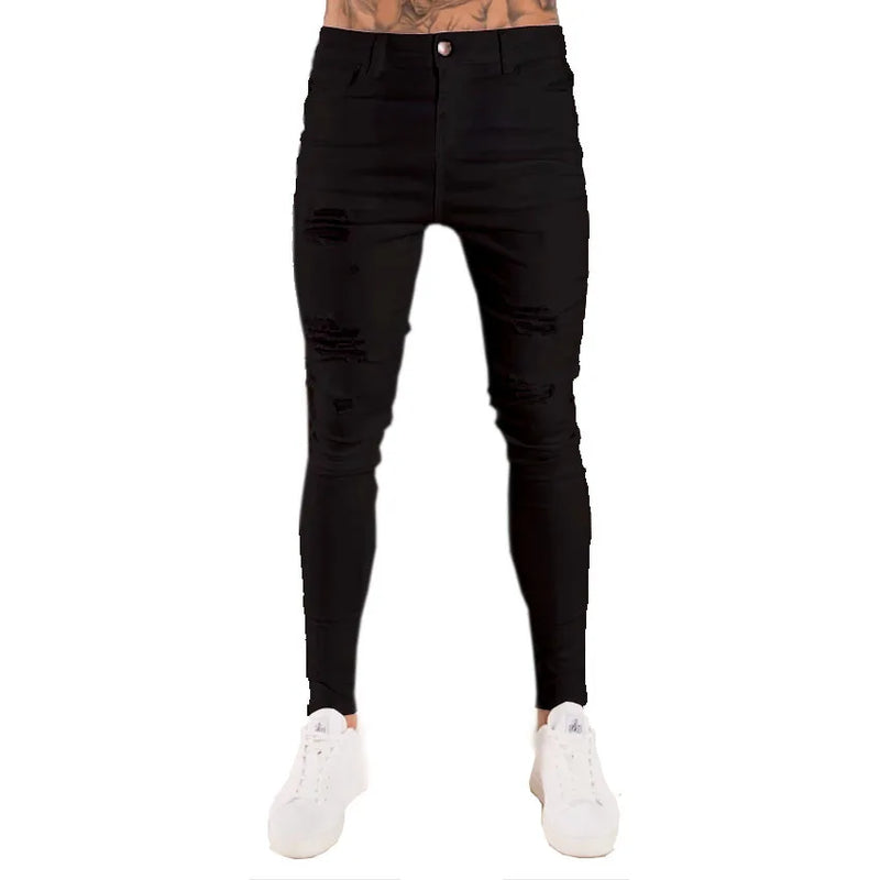 New White Embroidery Jeans Men Cotton Stretchy Ripped | SAMAG