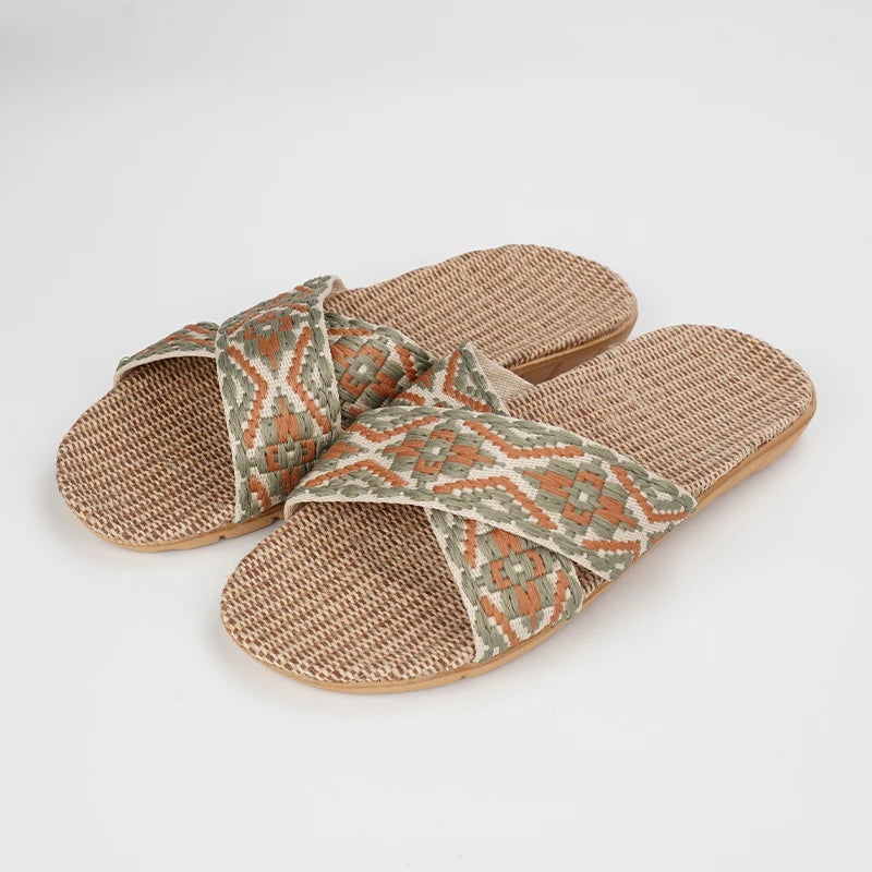SHAJI Summer Women's Linen Slippers Home; Women's lightweight Indoor Non-Slip Shoes; Thick Sole Beach Slides; Bohemian Style