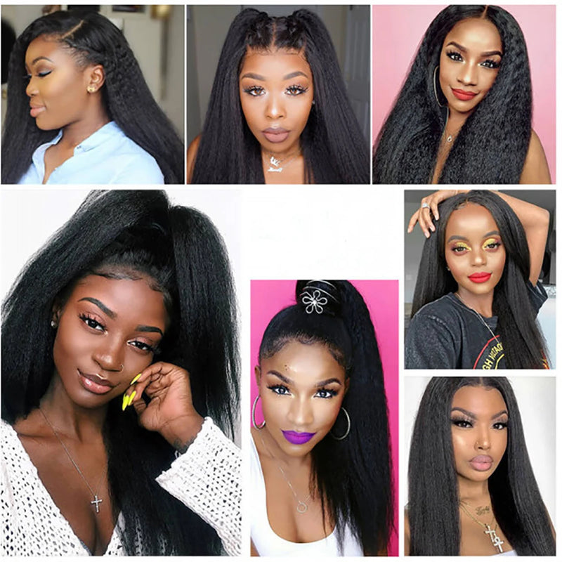 Black Yaki Lace Front Wig 30inch 180density Soft Kinky Straight Wig For Women Baby Hair Synthetic Wigs Heat Temperature Glueless