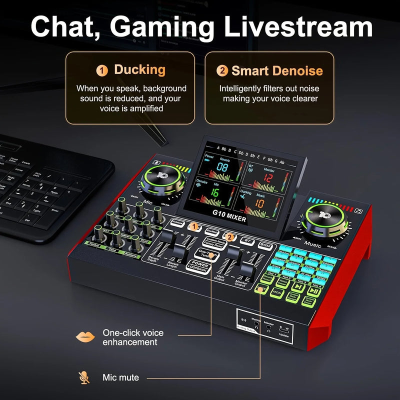 Tenlamp G10 Podcast Microphone Bundle Live Sound Card Audio Mixer, Voice Changer DJ Effects XLR 3.5mm Mic Interface for PC Smartphone Gaming Streaming Recording YouTube Studio Vlog