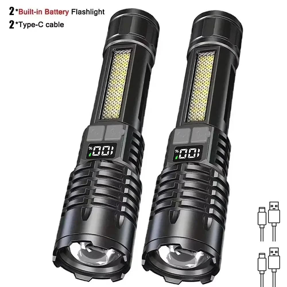 High Power LED Flashlight Portable Zoom Torch Type-C Rechargeable Waterproof Light with COB Side Lamp for Outdoor Camping Hiking