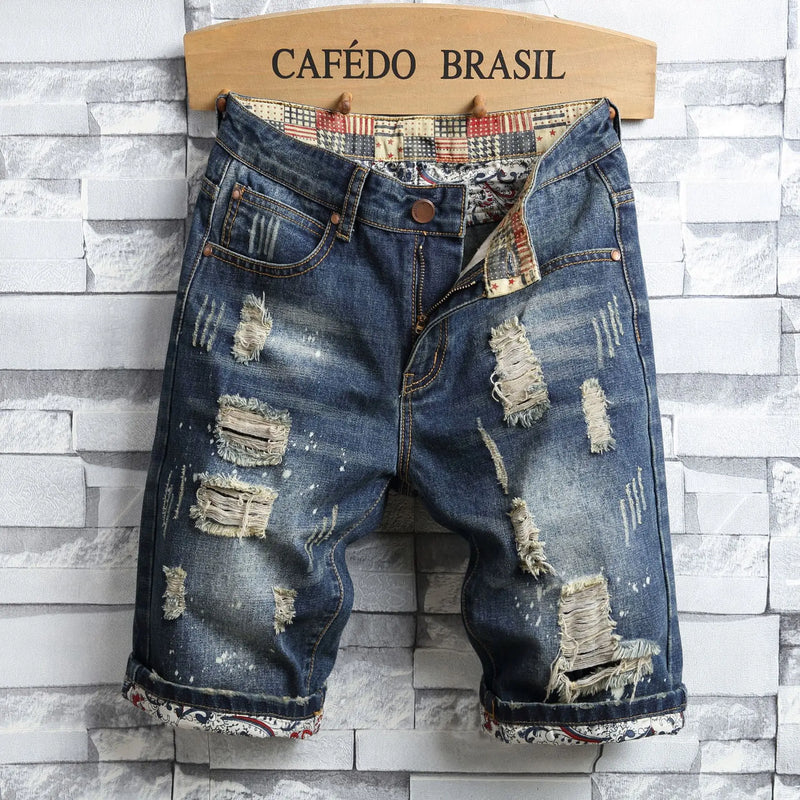 New Large Size Denim Shorts Retro Ripped Slim Men's Five | SAMAG