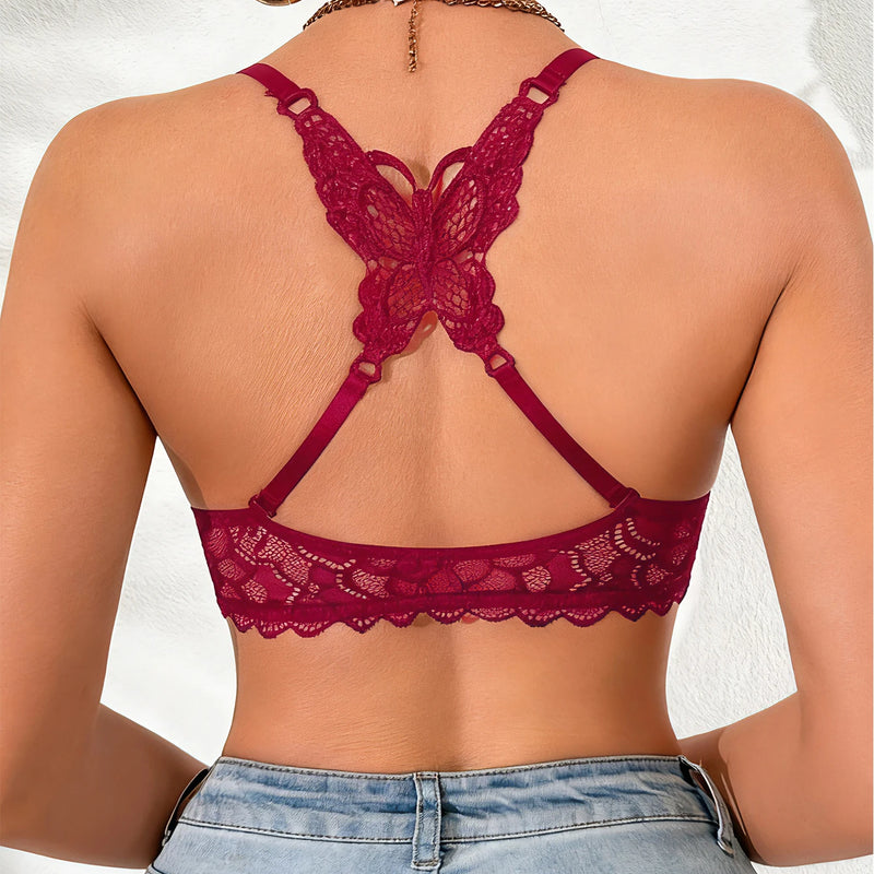 Women Lace Beauty Back Bra Front Closure Push Up Brassiere Breathable Mesh Back Wing Underwear Top