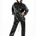 Women PVC Hooded Coat Top Pocket Loose Pants 2 Piece Gothic Shiny Patent Leather Fullzip Jacket Elasticity Trousers Suit Custom