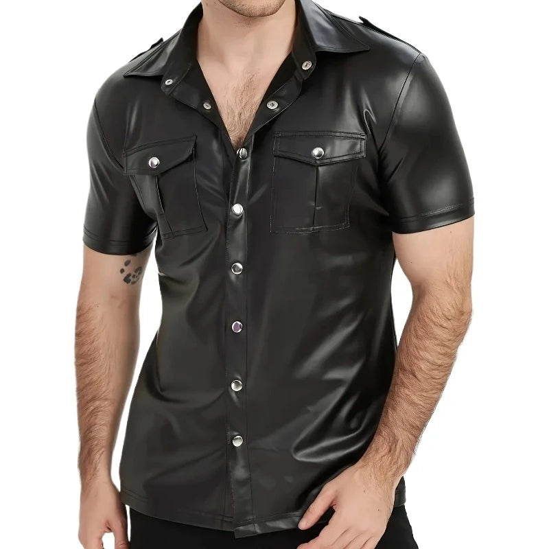 Men's PU leather short-sleeved street style button-down | SAMAG