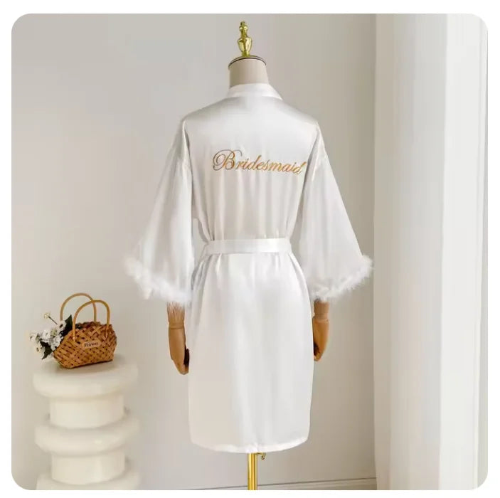 White Bride Wedding Robe with Feathers Women Satin | SAMAG
