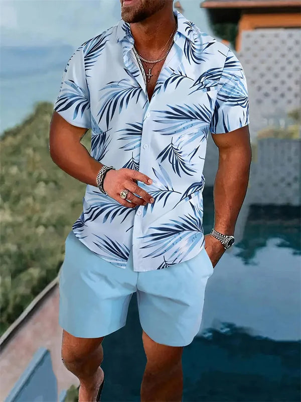 Men's Shirt Shorts Set Two Piece 3D Leaf Print Sleeve | SAMAG
